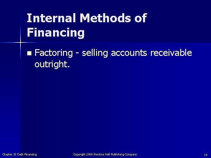 Internal Methods of Financing n Factoring - selling accounts receivable outright. Chapter 15 Debt