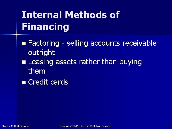 Internal Methods of Financing Factoring - selling accounts receivable outright n Leasing assets rather