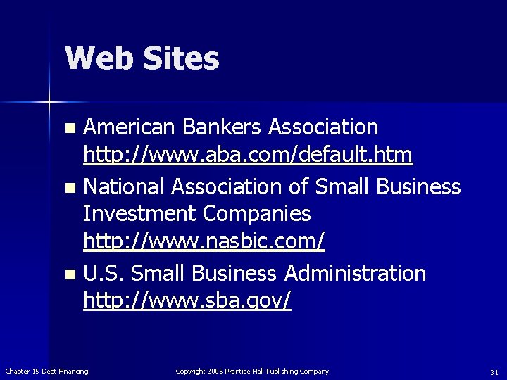 Web Sites American Bankers Association http: //www. aba. com/default. htm n National Association of