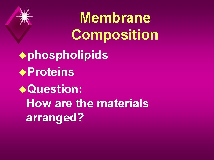 Membrane Composition uphospholipids u. Proteins u. Question: How are the materials arranged? 