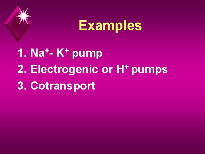 Examples 1. Na+- K+ pump 2. Electrogenic or H+ pumps 3. Cotransport 