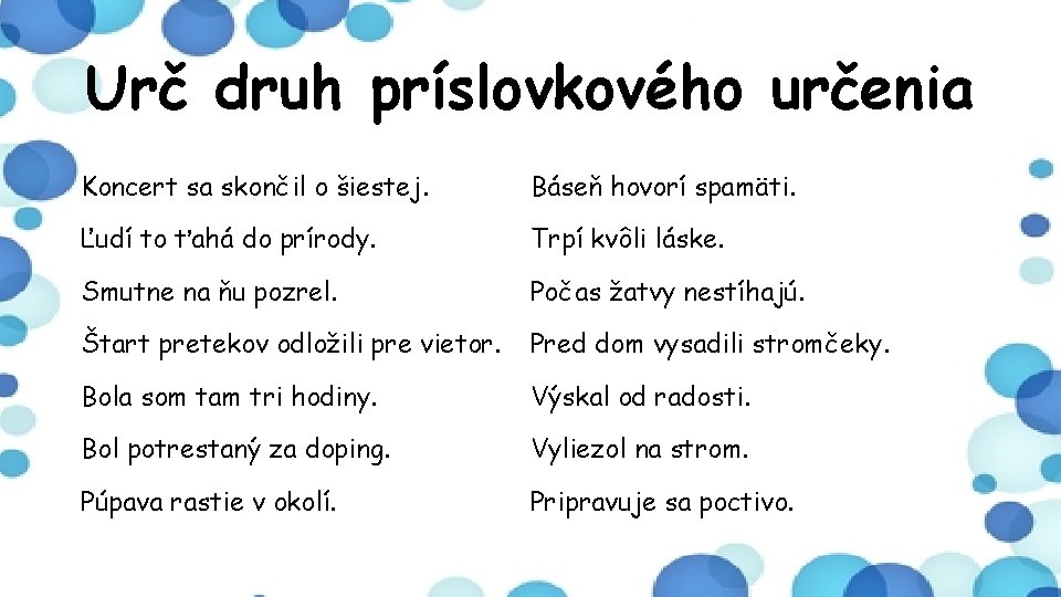 Urč druh príslovkového určenia Koncert sa skončil o šiestej. Báseň hovorí spamäti. Ľudí to