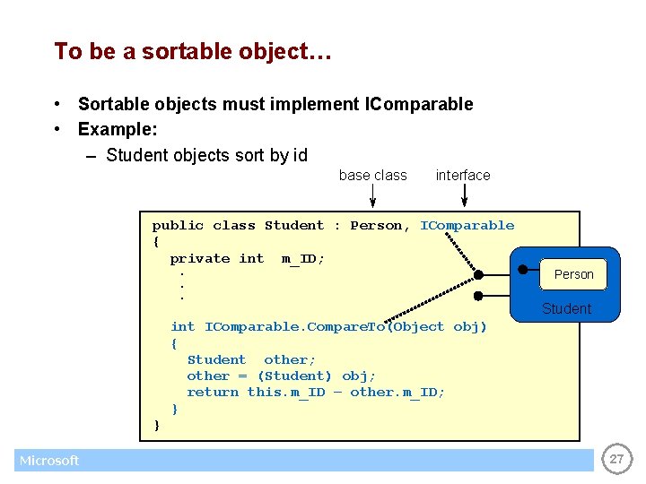 To be a sortable object… • Sortable objects must implement IComparable • Example: –
