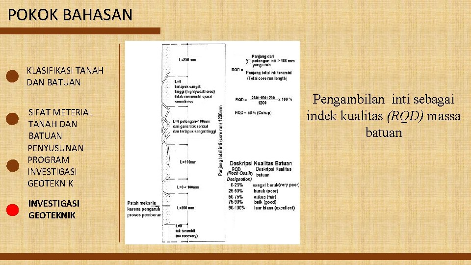 POKOK BAHASAN KLASIFIKASI TANAH DAN BATUAN SIFAT METERIAL TANAH DAN BATUAN PENYUSUNAN PROGRAM INVESTIGASI