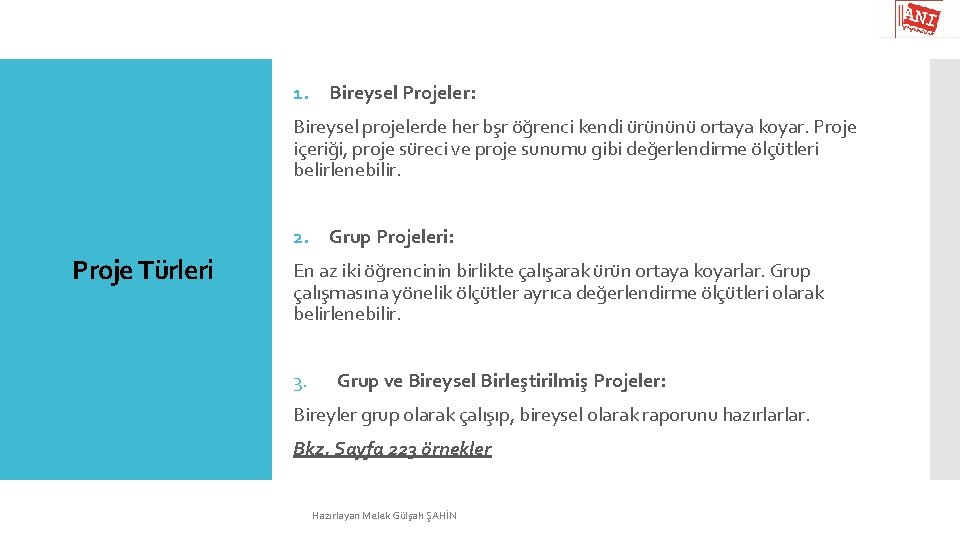 1. Bireysel Projeler: Bireysel projelerde her bşr öğrenci kendi ürününü ortaya koyar. Proje içeriği,