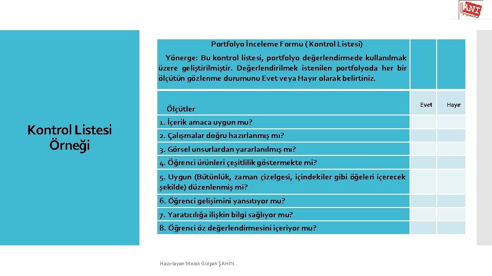 Portfolyo İnceleme Formu ( Kontrol Listesi) Yönerge: Bu kontrol listesi, portfolyo değerlendirmede kullanılmak üzere