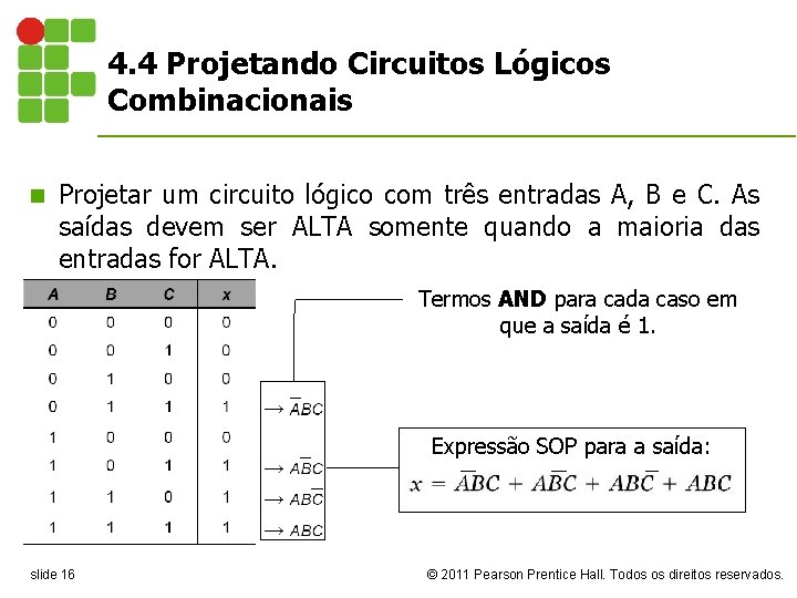 4. 4 Projetando Circuitos Lógicos Combinacionais n Projetar um circuito lógico com três entradas