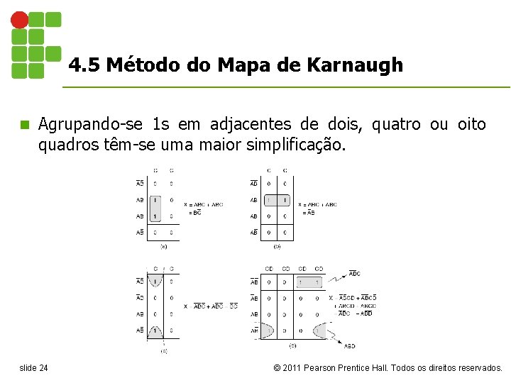 4. 5 Método do Mapa de Karnaugh n Agrupando-se 1 s em adjacentes de