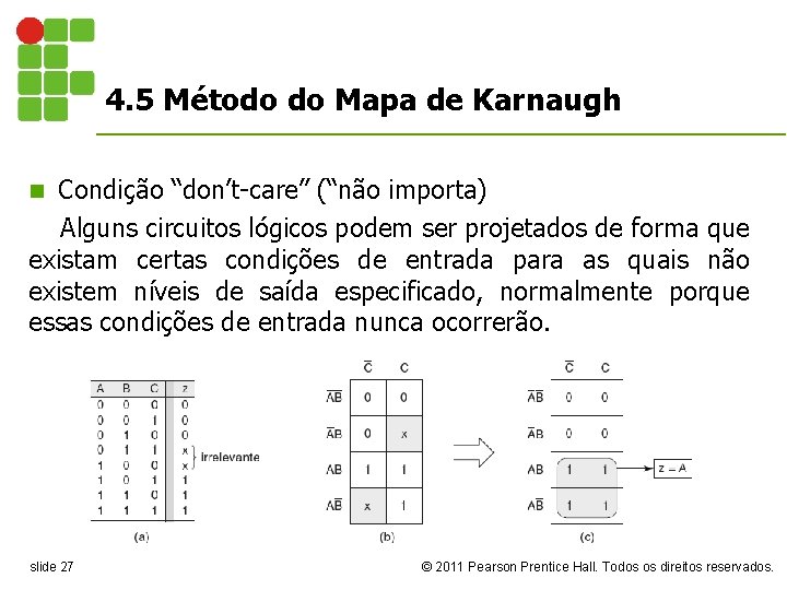 4. 5 Método do Mapa de Karnaugh Condição “don’t-care” (“não importa) Alguns circuitos lógicos
