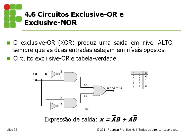 4. 6 Circuitos Exclusive-OR e Exclusive-NOR O exclusive-OR (XOR) produz uma saída em nível