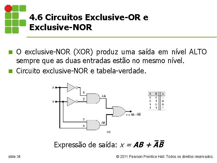 4. 6 Circuitos Exclusive-OR e Exclusive-NOR O exclusive-NOR (XOR) produz uma saída em nível
