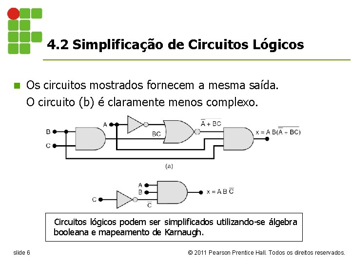 4. 2 Simplificação de Circuitos Lógicos n Os circuitos mostrados fornecem a mesma saída.