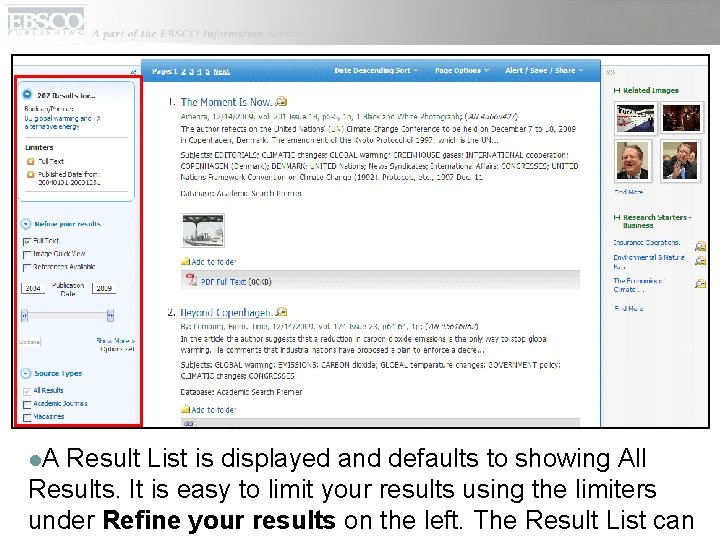 l. A Result List is displayed and defaults to showing All Results. It is