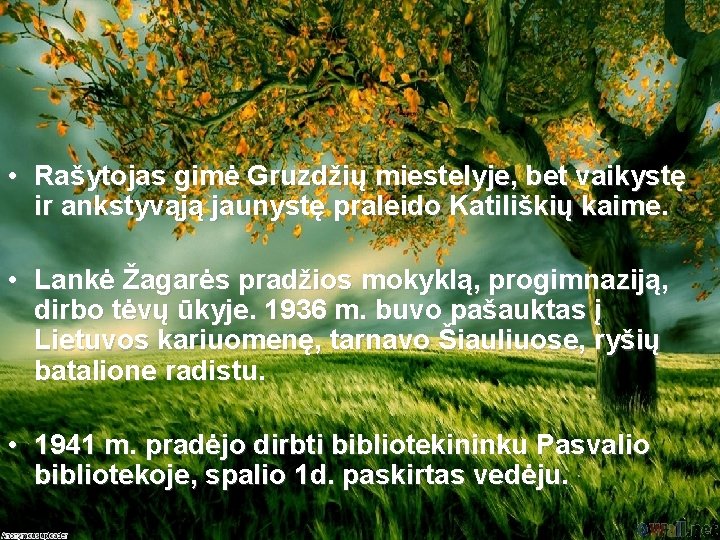  • Rašytojas gimė Gruzdžių miestelyje, bet vaikystę ir ankstyvąją jaunystę praleido Katiliškių kaime.