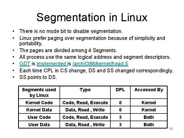 Segmentation in Linux • There is no mode bit to disable segmentation. • Linux Segmentation in Linux • There is no mode bit to disable segmentation. • Linux