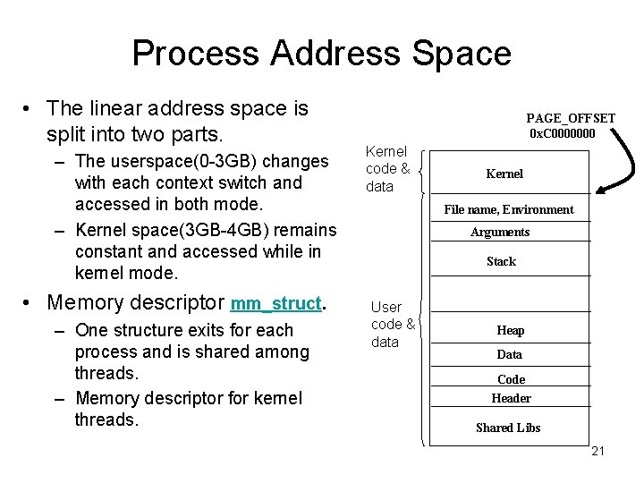 Process Address Space • The linear address space is split into two parts. – Process Address Space • The linear address space is split into two parts. –