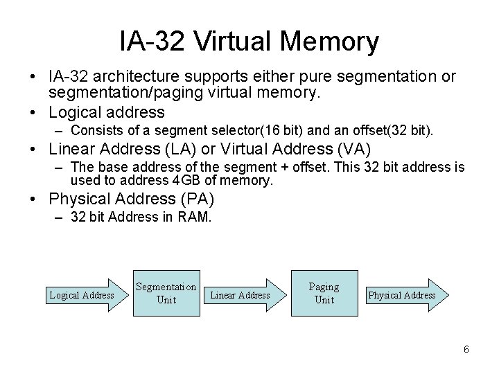 IA-32 Virtual Memory • IA-32 architecture supports either pure segmentation or segmentation/paging virtual memory. IA-32 Virtual Memory • IA-32 architecture supports either pure segmentation or segmentation/paging virtual memory.