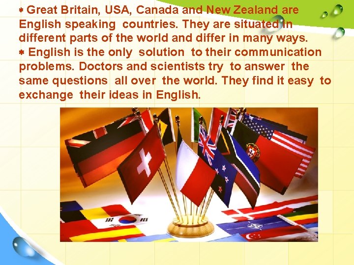  Great Britain, USA, Canada and New Zealand are English speaking countries. They are