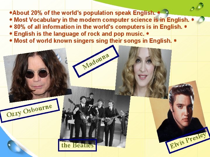  About 20% of the world's population speak English. Most Vocabulary in the modern