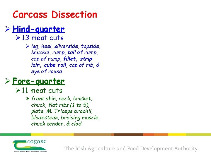 Carcass Dissection Ø Hind-quarter Ø 13 meat cuts Ø leg, heel, silverside, topside, knuckle,