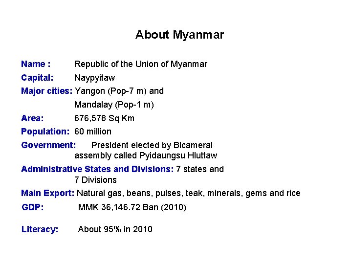 About Myanmar Name : Republic of the Union of Myanmar Capital: Naypyitaw Major cities: