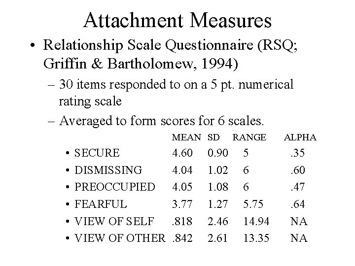 Attachment Measures • Relationship Scale Questionnaire (RSQ; Griffin & Bartholomew, 1994) – 30 items