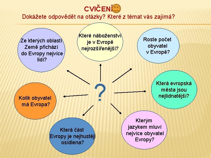 CVIČENÍ Dokážete odpovědět na otázky? Které z témat vás zajímá? Ze kterých oblastí Země