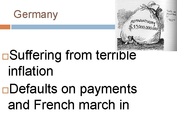 Germany Suffering from terrible inflation Defaults on payments and French march in 