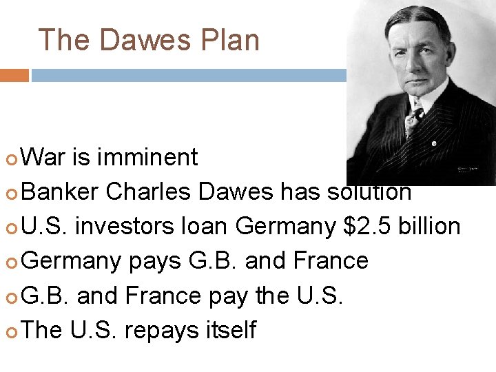 The Dawes Plan War is imminent Banker Charles Dawes has solution U. S. investors