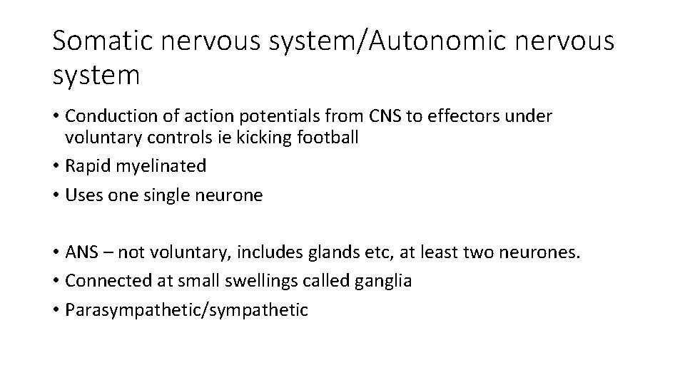 Somatic nervous system/Autonomic nervous system • Conduction of action potentials from CNS to effectors