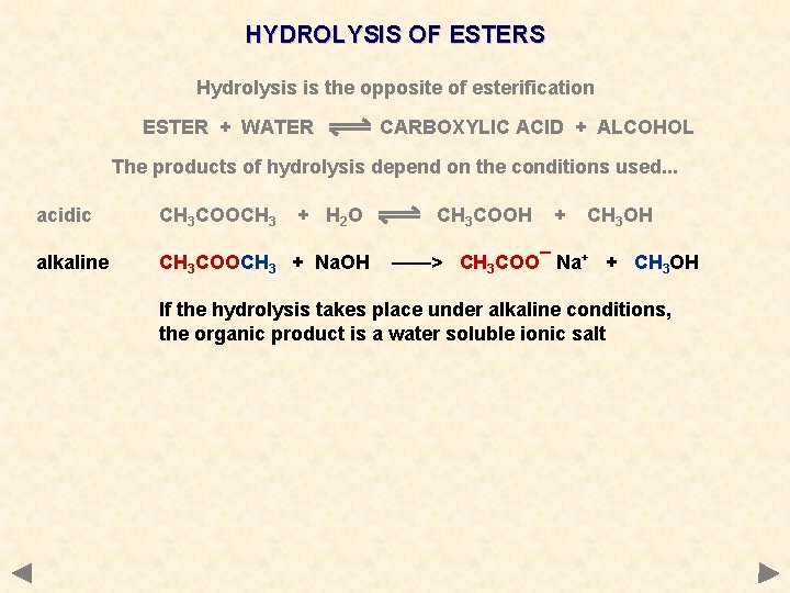 HYDROLYSIS OF ESTERS Hydrolysis is the opposite of esterification ESTER + WATER CARBOXYLIC ACID
