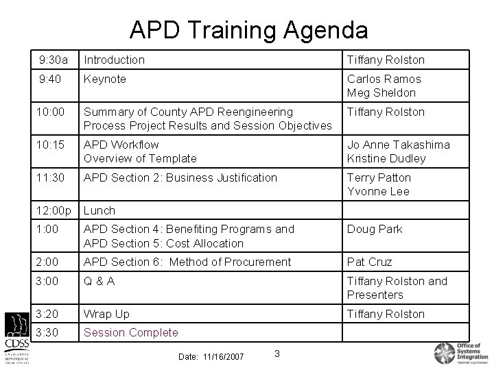 APD Training Agenda 9: 30 a Introduction Tiffany Rolston 9: 40 Keynote Carlos Ramos