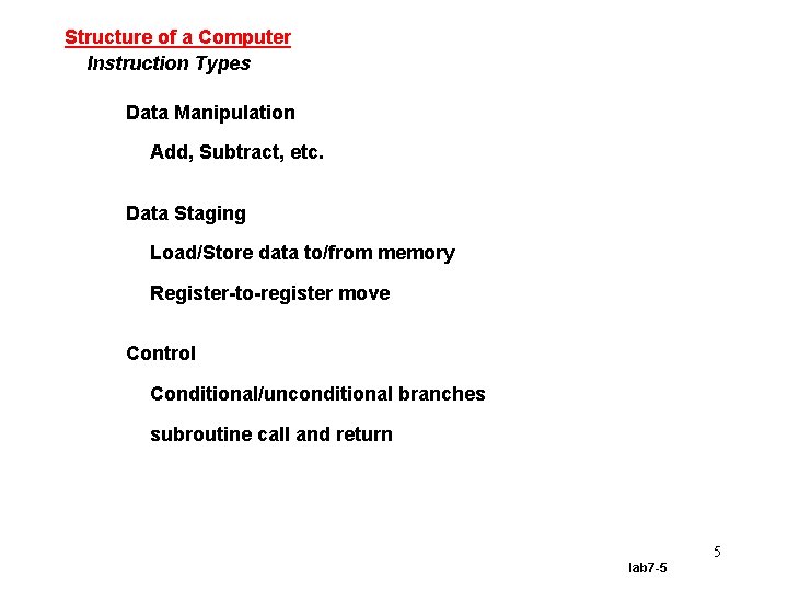 Structure of a Computer Instruction Types Data Manipulation Add, Subtract, etc. Data Staging Load/Store