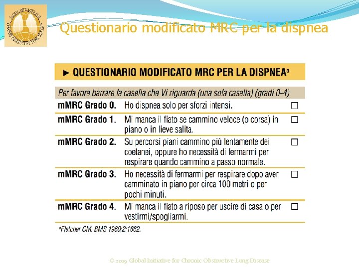 Questionario modificato MRC per la dispnea © 2019 Global Initiative for Chronic Obstructive Lung