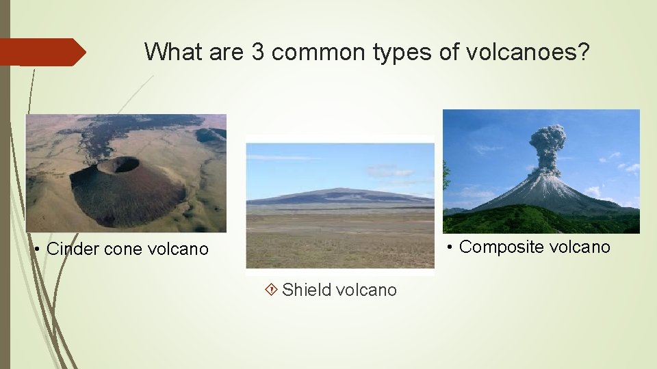 What are 3 common types of volcanoes? • Composite volcano • Cinder cone volcano