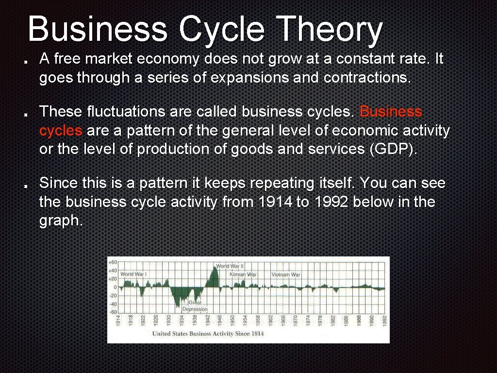 Business Cycle Theory A free market economy does not grow at a constant rate.