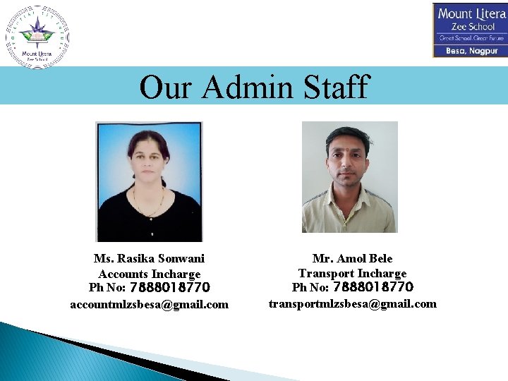 Our Admin Staff Ms. Rasika Sonwani Accounts Incharge Ph No: 7888018770 accountmlzsbesa@gmail. com Mr.