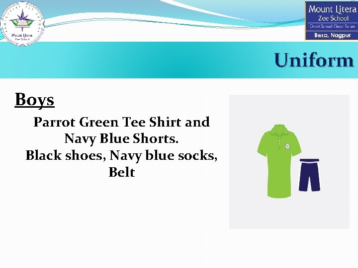 Uniform Boys Parrot Green Tee Shirt and Navy Blue Shorts. Black shoes, Navy blue