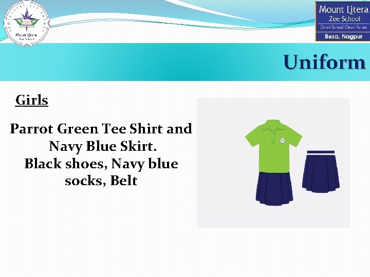 Uniform Girls Parrot Green Tee Shirt and Navy Blue Skirt. Black shoes, Navy blue