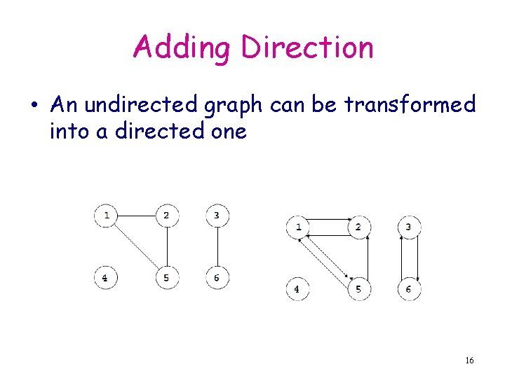 Adding Direction • An undirected graph can be transformed into a directed one 16
