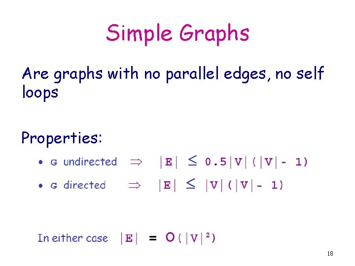 Simple Graphs Are graphs with no parallel edges, no self loops Properties: 18 