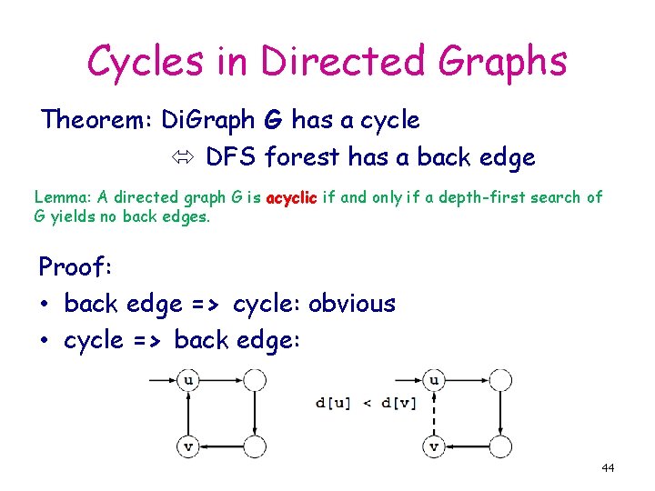 Cycles in Directed Graphs Theorem: Di. Graph G has a cycle DFS forest has