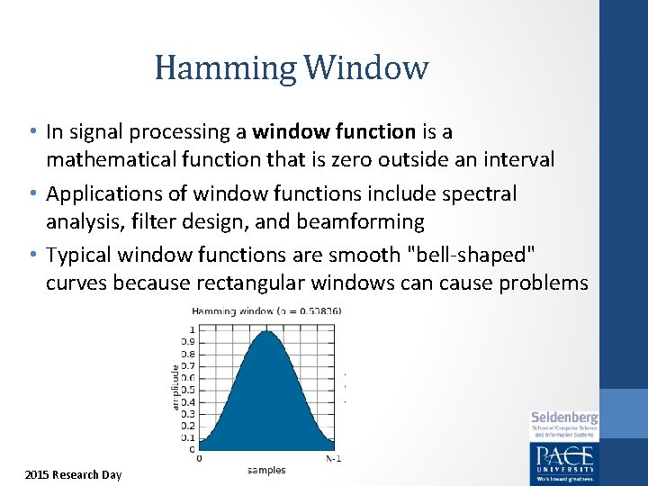 Hamming Window • In signal processing a window function is a mathematical function that