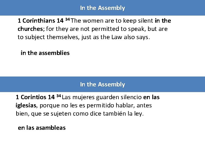 In the Assembly 1 Corinthians 14 34 The women are to keep silent in