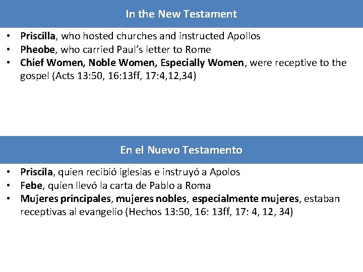 In the New Testament • Priscilla, who hosted churches and instructed Apollos • Pheobe,