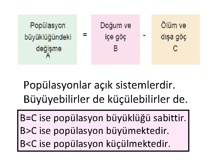 Popülasyonlar açık sistemlerdir. Büyüyebilirler de küçülebilirler de. B=C ise popülasyon büyüklüğü sabittir. B>C ise