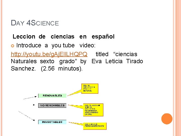 DAY 4 SCIENCE Leccion de ciencias en español Introduce a you tube video: http: