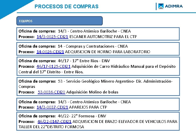 PROCESOS DE COMPRAS EQUIPOS Oficina de compras: 14/3 - Centro Atómico Bariloche - CNEA