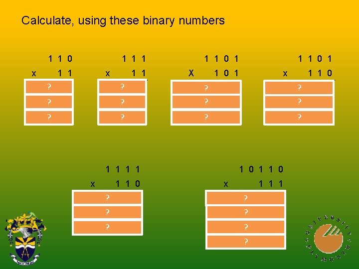 Calculate, using these binary numbers 1 1 0 x 1 1 1 x 1