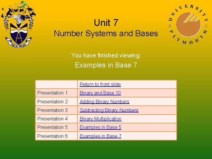 Unit 7 Number Systems and Bases You have finished viewing: Examples in Base 7